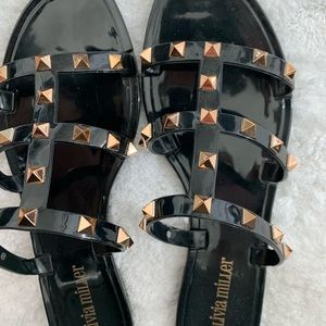 Olivia Miller Black Jelly Sandals with Gold Studs